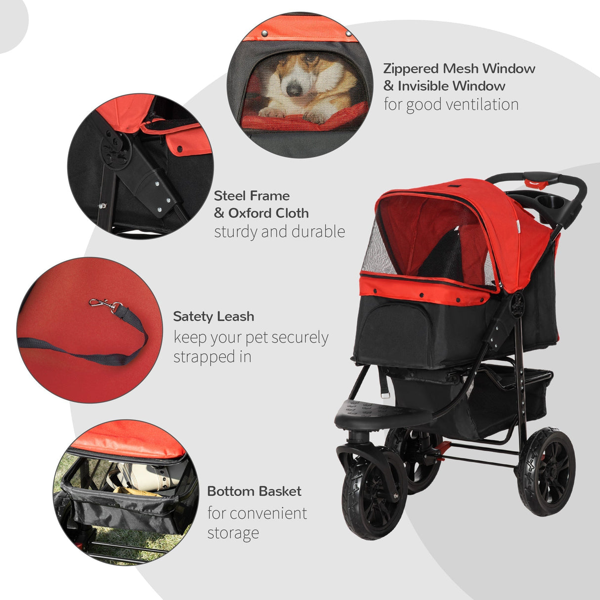 Folding 3 Wheel Dog Pushchair Travel w/ Adjustable Canopy Storage Brake, PawHut, Red