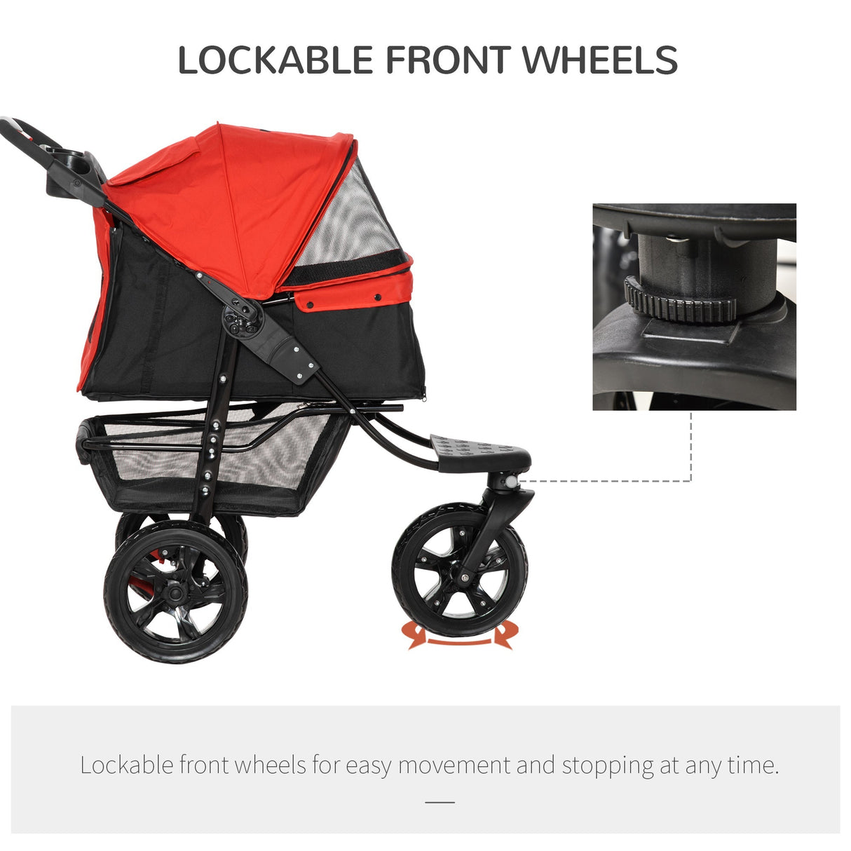 Folding 3 Wheel Dog Pushchair Travel w/ Adjustable Canopy Storage Brake, PawHut, Red