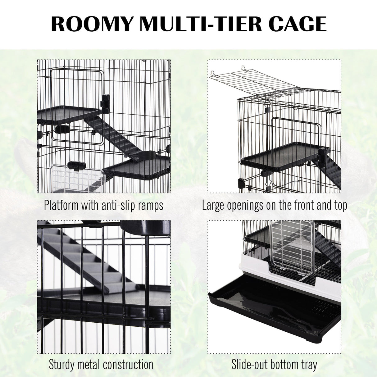 Four-Tier Cage, for Ferrets, Chinchillas with Wheels, PawHut, Black