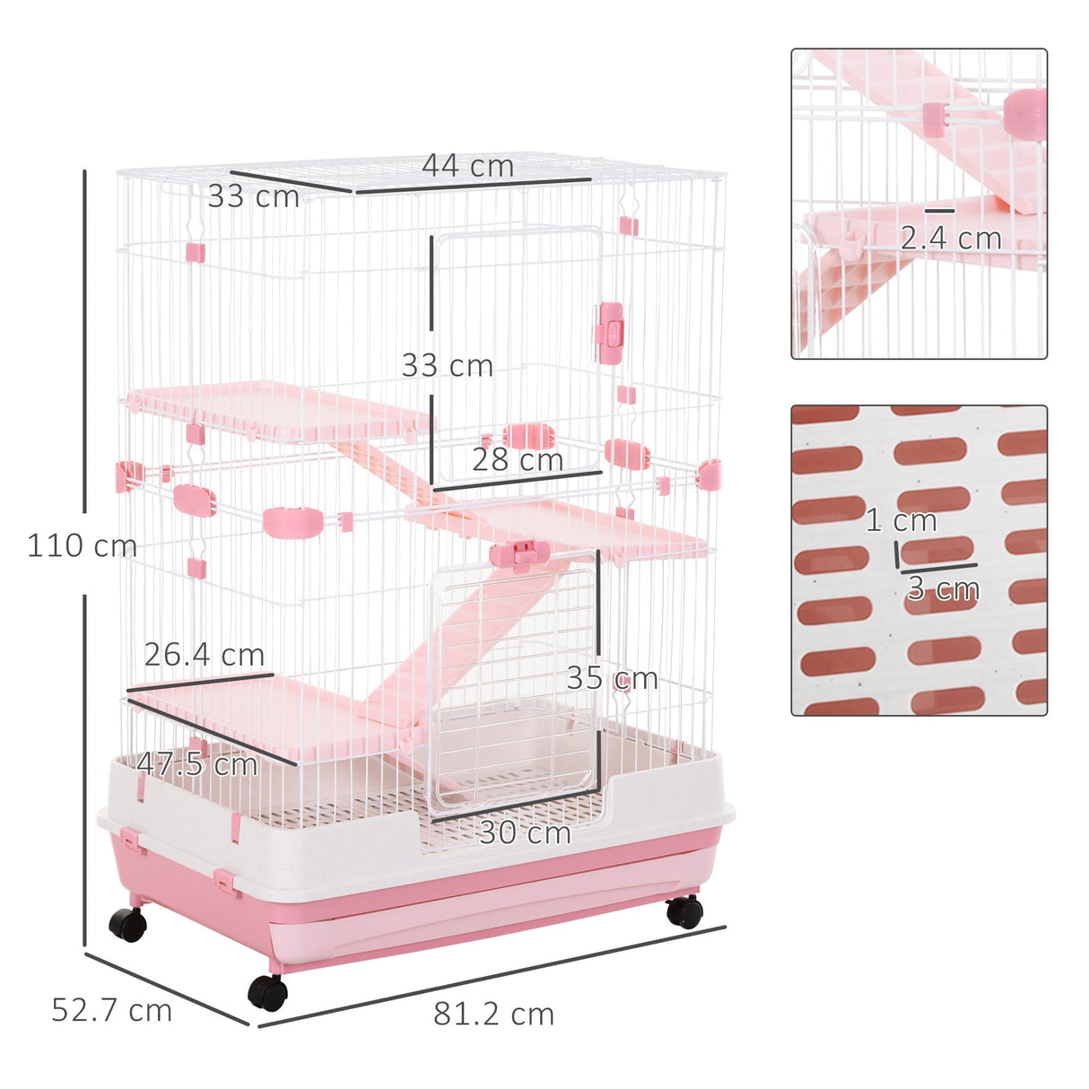 Four-Tier Cage, for Ferrets, Chinchillas with Wheels, PawHut, Pink