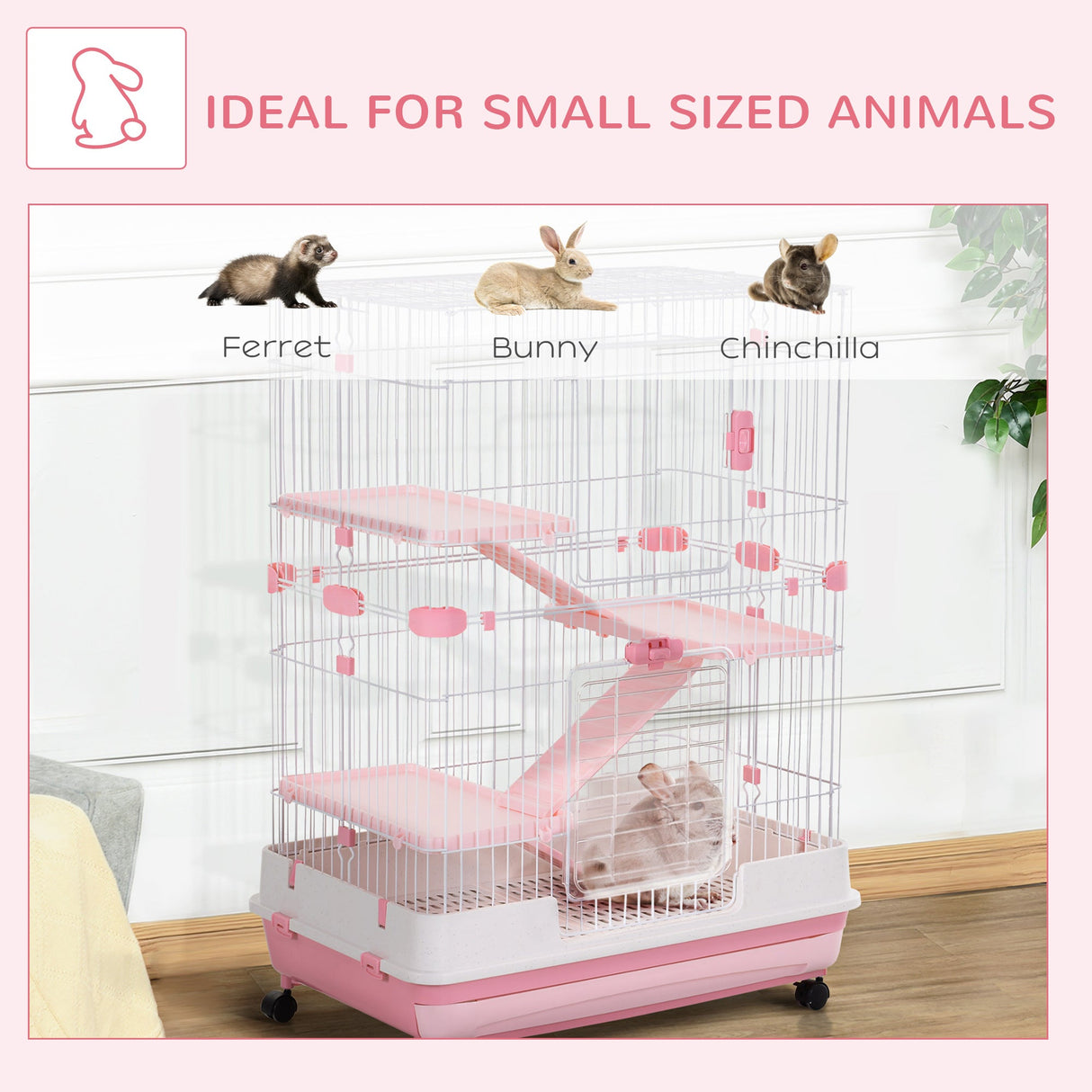 Four-Tier Cage, for Ferrets, Chinchillas with Wheels, PawHut, Pink