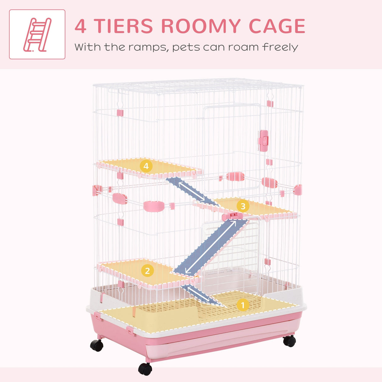 Four-Tier Cage, for Ferrets, Chinchillas with Wheels, PawHut, Pink
