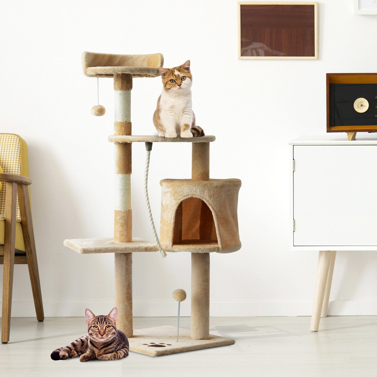 Four Tier Cat Tree House, 114H cm Beige, PawHut,