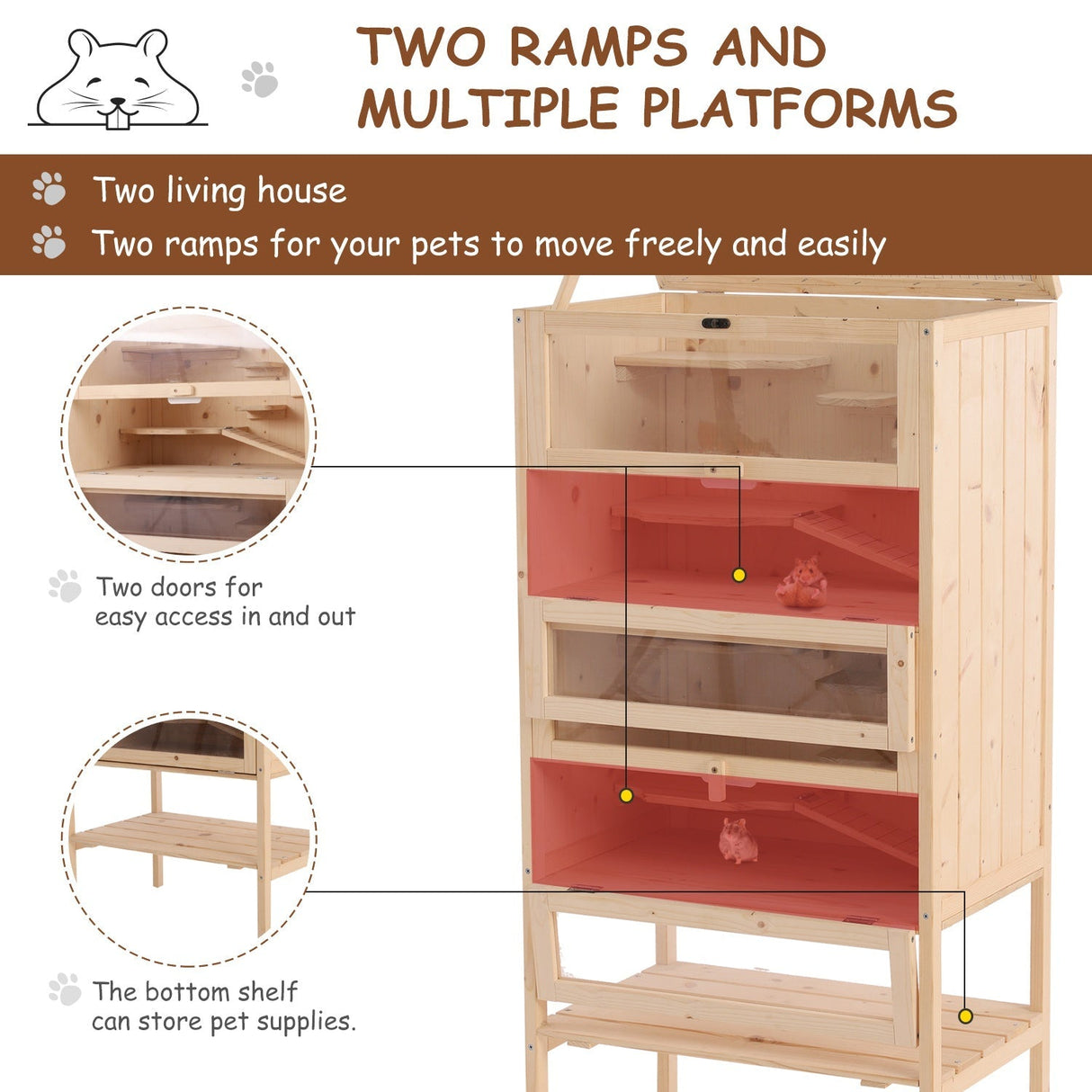 Four-Tier Wooden Hamster Cage - 60L x 40W x 120H cm, PawHut,