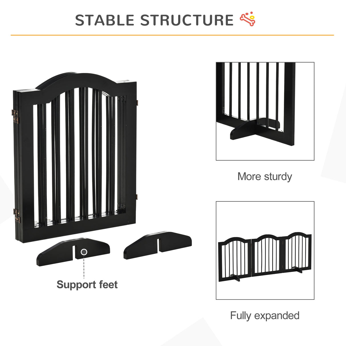 Freestanding 3 Panel Wooden Pet Gate with Support Feet Foldable Pet Fence Safety Barrier for the House, PawHut, Black