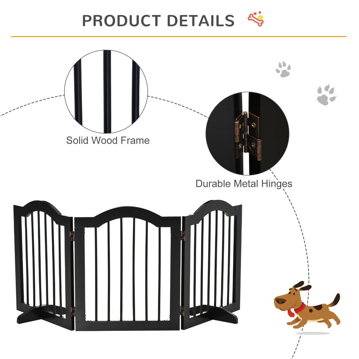 Freestanding 3 Panel Wooden Pet Gate with Support Feet Foldable Pet Fence Safety Barrier for the House, PawHut, Black