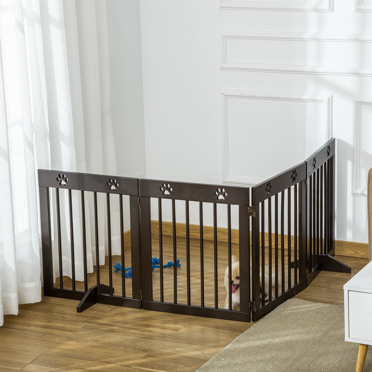 Freestanding Pet Gate 4 Panel Wooden Dog Barrier Folding Safety Fence with Support Feet up to 204cm Long 61cm Tall for Doorway Stairs, PawHut, White