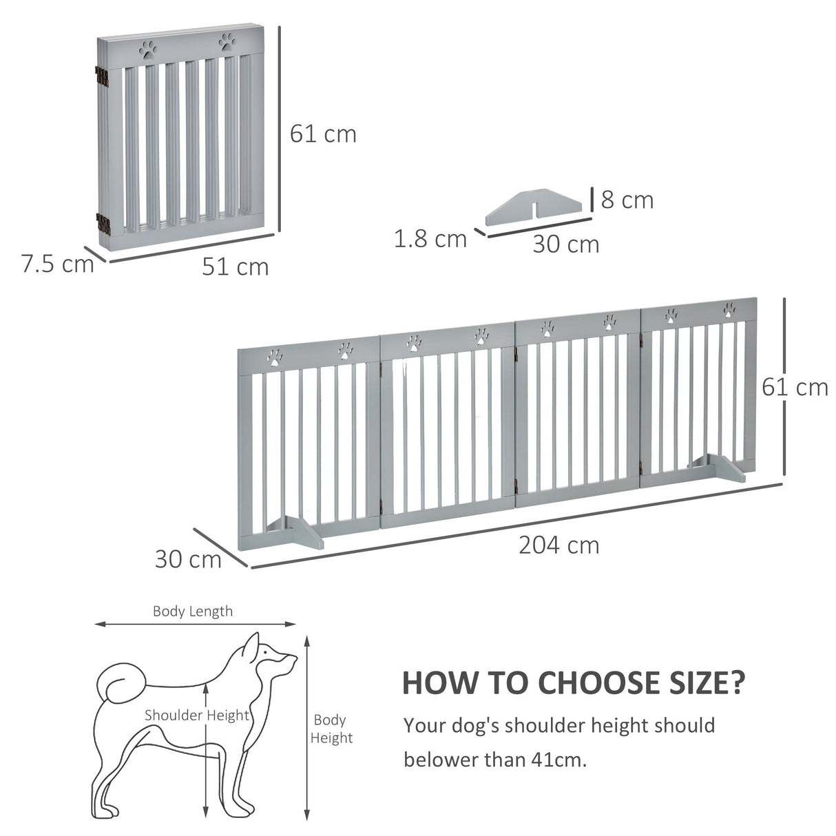 Freestanding Pet Gate 4 Panel Wooden Dog Barrier Folding Safety Fence with Support Feet up to 204cm Long 61cm Tall for Doorway Stairs, PawHut, White