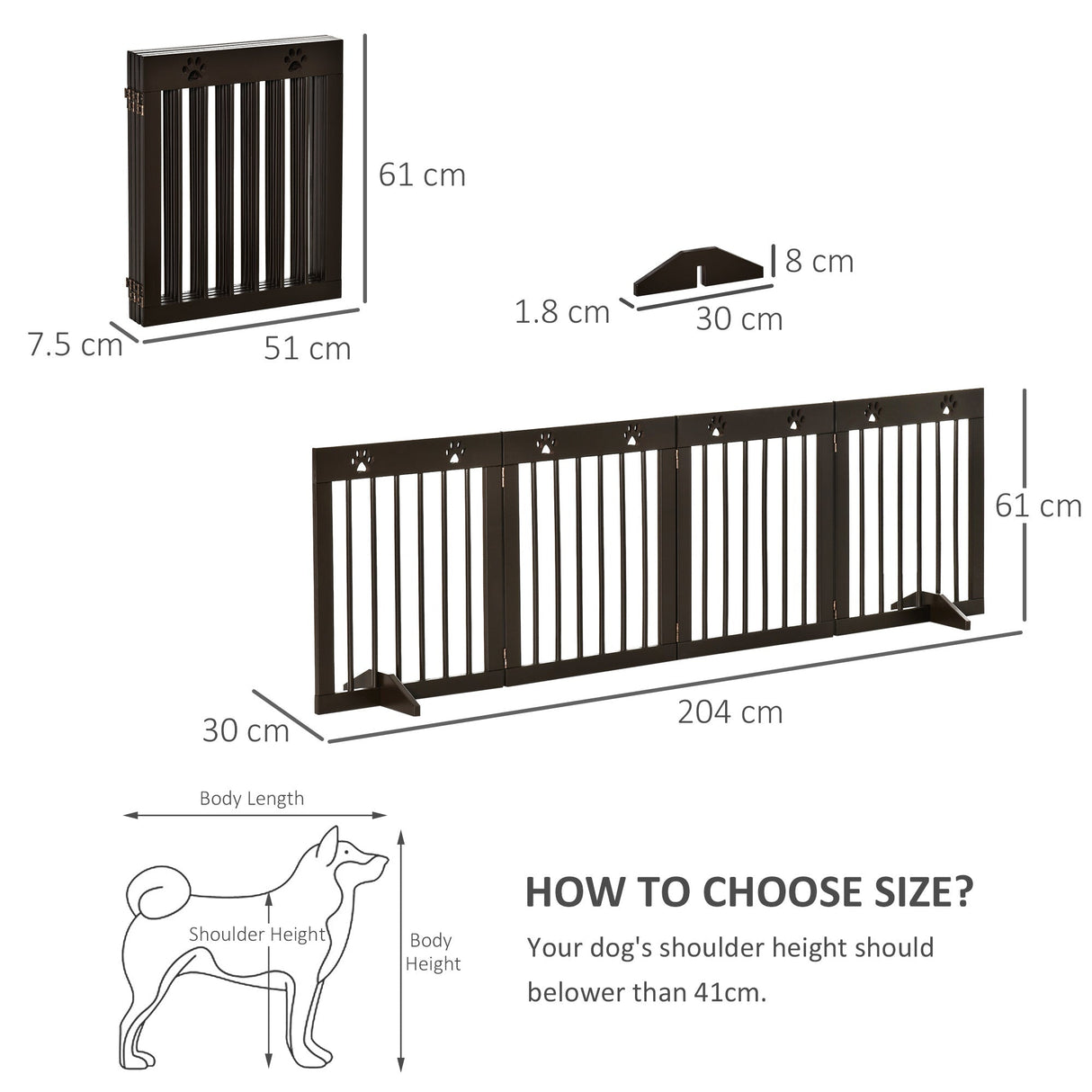 Freestanding Pet Gate 4 Panel Wooden Dog Barrier Folding Safety Fence with Support Feet up to 204cm Long 61cm Tall for Doorway Stairs, PawHut, White