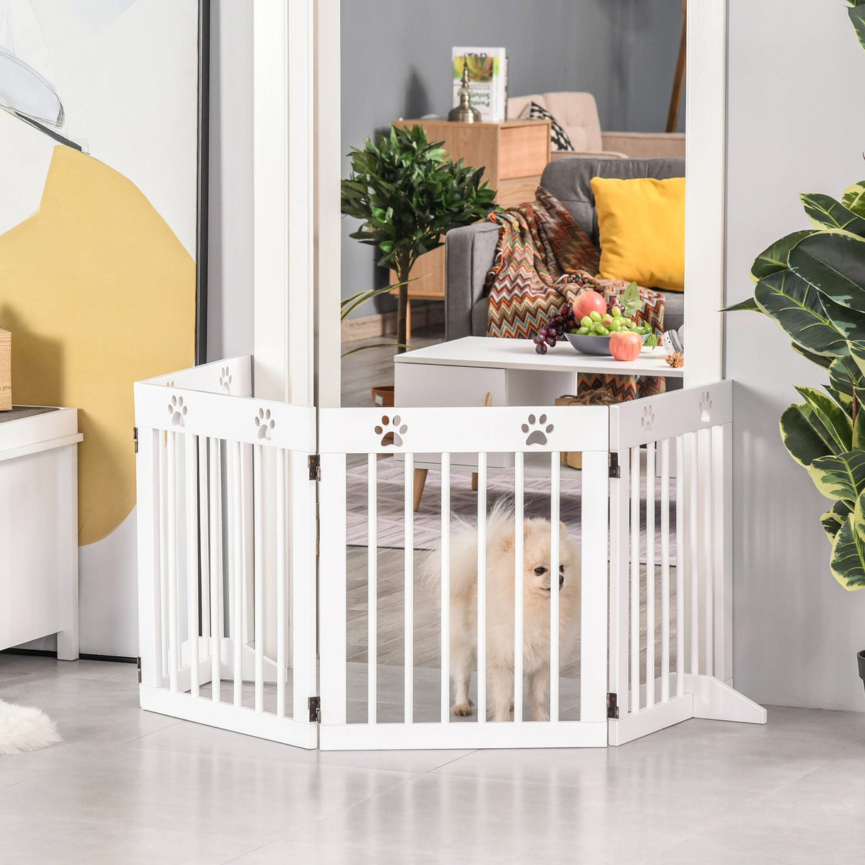 Freestanding Pet Gate 4 Panel Wooden Dog Barrier Folding Safety Fence with Support Feet up to 204cm Long 61cm Tall for Doorway Stairs, PawHut, White