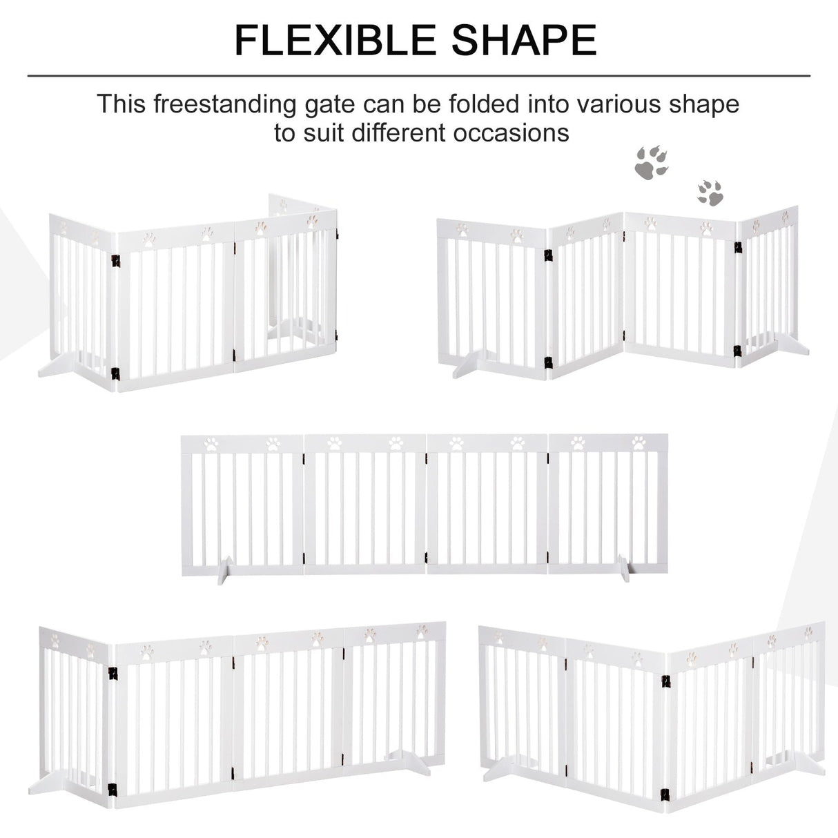 Freestanding Pet Gate 4 Panel Wooden Dog Barrier Folding Safety Fence with Support Feet up to 204cm Long 61cm Tall for Doorway Stairs, PawHut, White