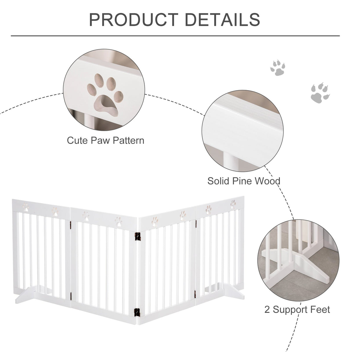 Freestanding Pet Gate 4 Panel Wooden Dog Barrier Folding Safety Fence with Support Feet up to 204cm Long 61cm Tall for Doorway Stairs, PawHut, White