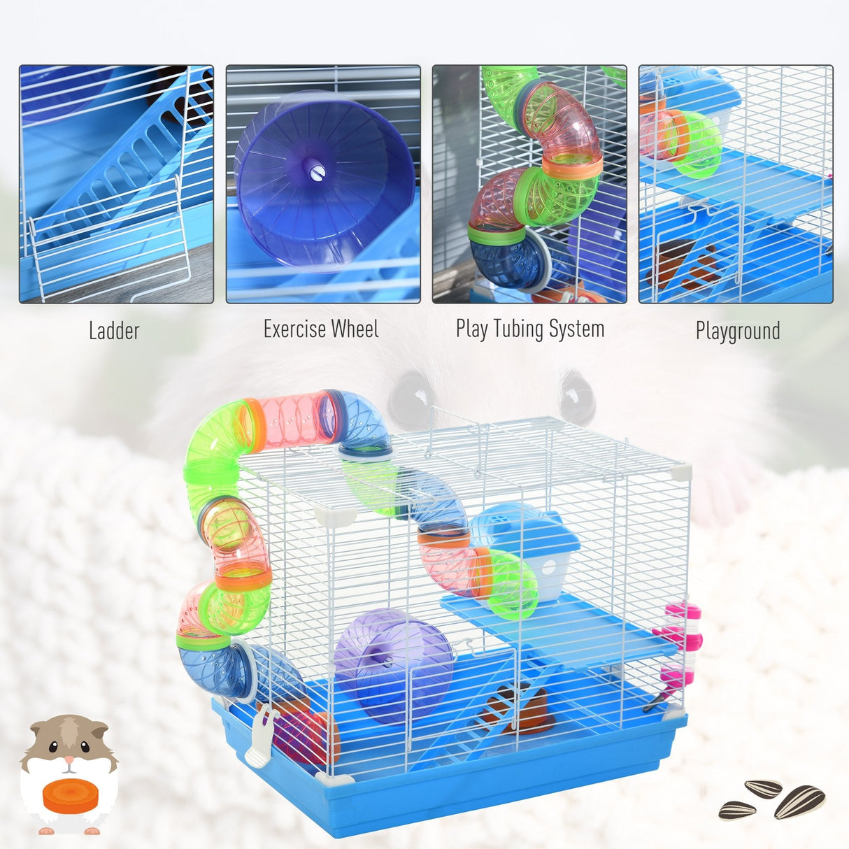 Hamster Cage with Exercise Wheel and Tunnel Tube, PawHut,