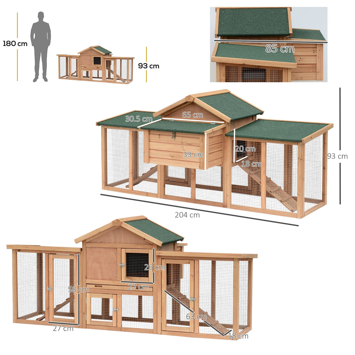 Large Hen House with Run: Nesting Box, Ramps - 204x85x93cm, PawHut,