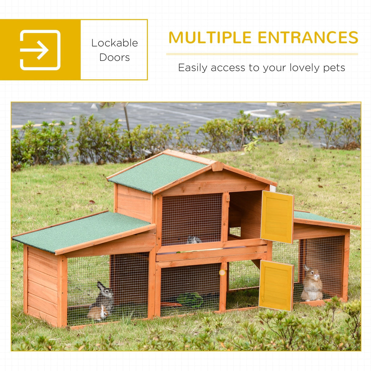 Large Rabbit Hutch Outdoor, Guinea Pig Hutch, Wooden Small Animal House, with Rabbit Run, 215 x 63 x 100 cm, PawHut,