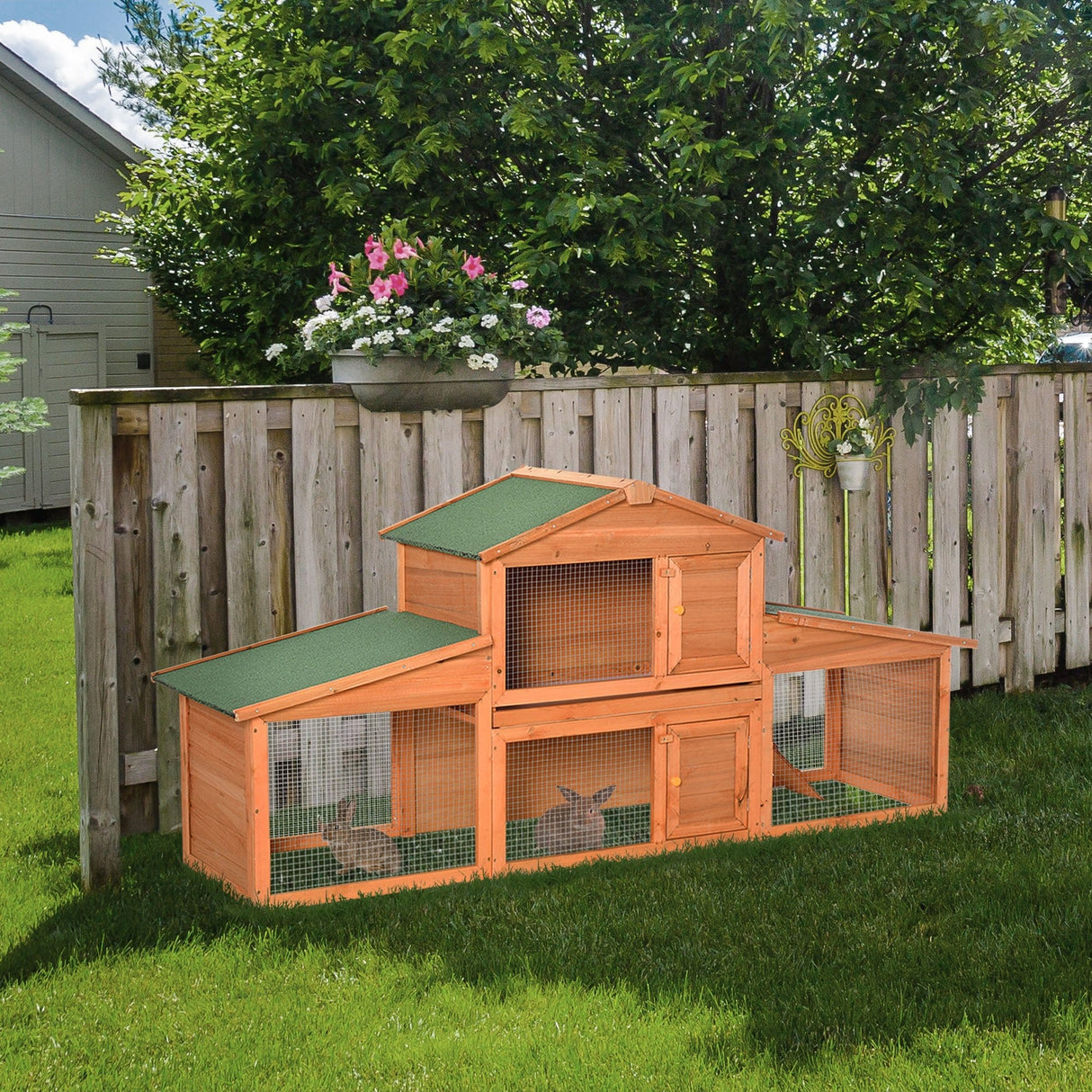 Large Rabbit Hutch Outdoor, Guinea Pig Hutch, Wooden Small Animal House, with Rabbit Run, 215 x 63 x 100 cm, PawHut,