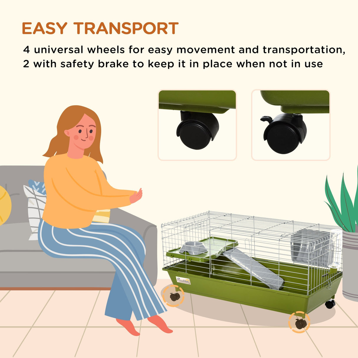 Mobile Small Animal Cage - Ideal for Small Rabbits, Guinea Pigs, PawHut, Green
