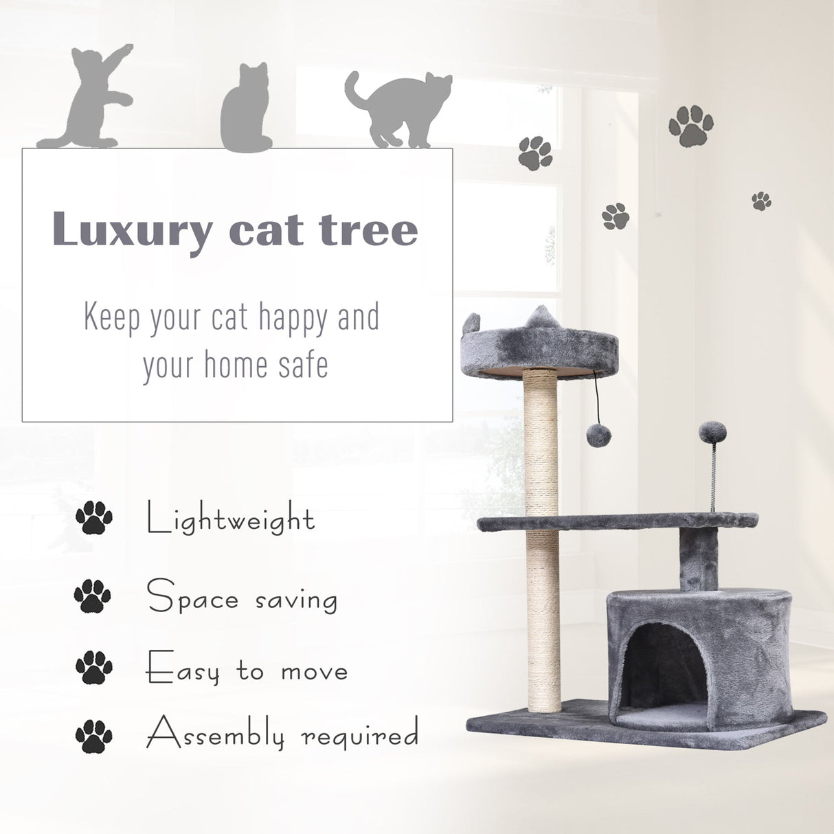 Mult Level Cat Tree for Indoor Cats with Scratching Post Bed Condo Perch, Kitten Climbing Tower, PawHut, Beige