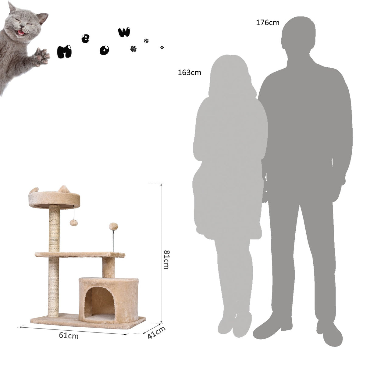 Mult Level Cat Tree for Indoor Cats with Scratching Post Bed Condo Perch, Kitten Climbing Tower, PawHut, Beige
