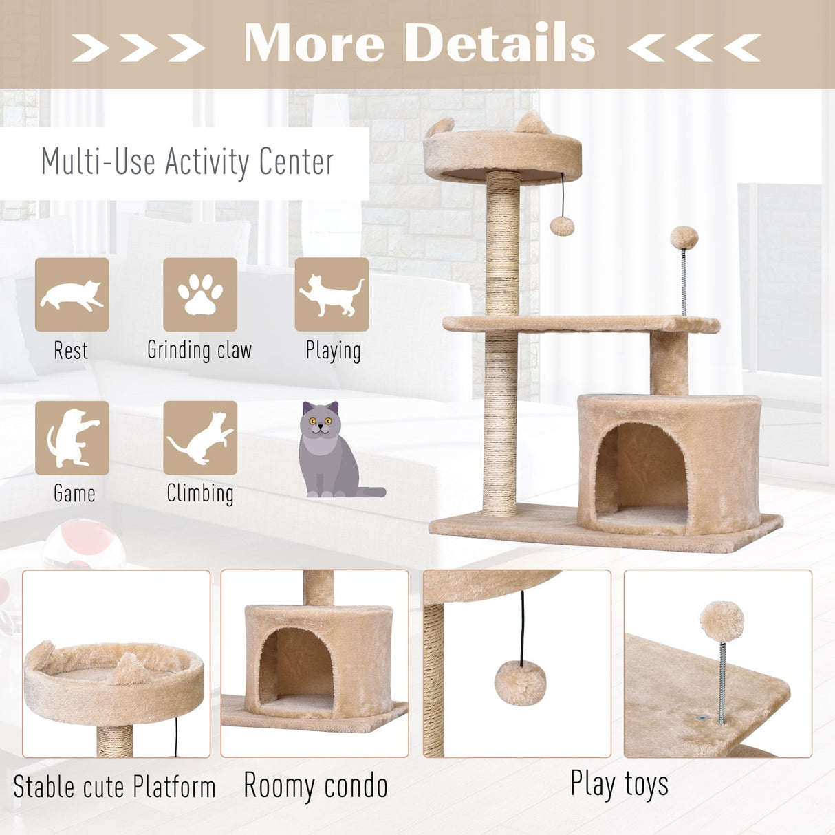 Mult Level Cat Tree for Indoor Cats with Scratching Post Bed Condo Perch, Kitten Climbing Tower, PawHut, Beige