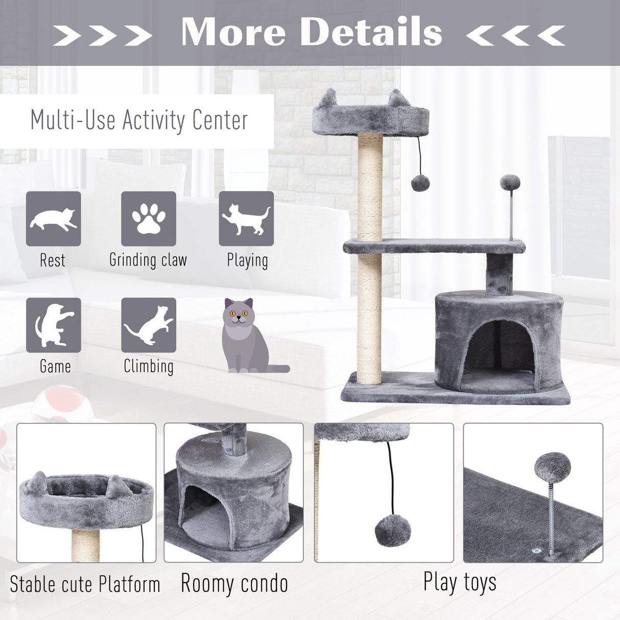 Mult Level Cat Tree for Indoor Cats with Scratching Post Bed Condo Perch, Kitten Climbing Tower, PawHut, Beige