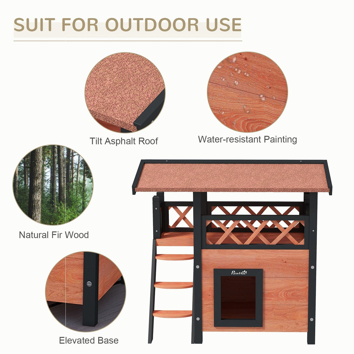 Outdoor Cat House with Balcony & Asphalt Roof | Cats up to 4 kg, PawHut, Brown