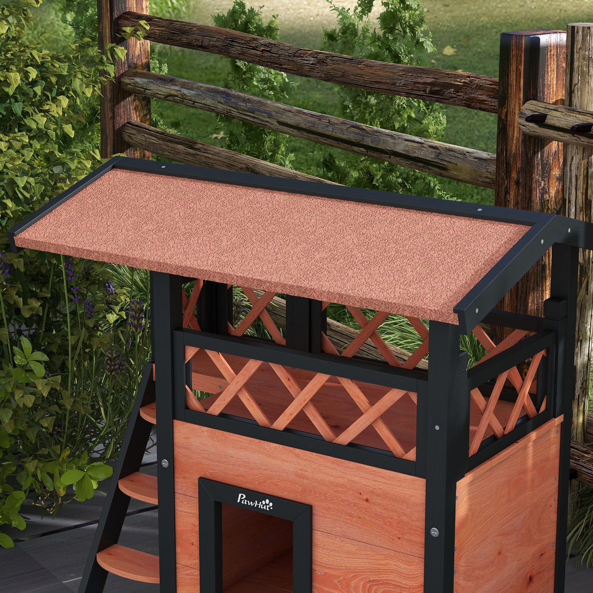 Outdoor Cat House with Balcony & Asphalt Roof | Cats up to 4 kg, PawHut, Brown