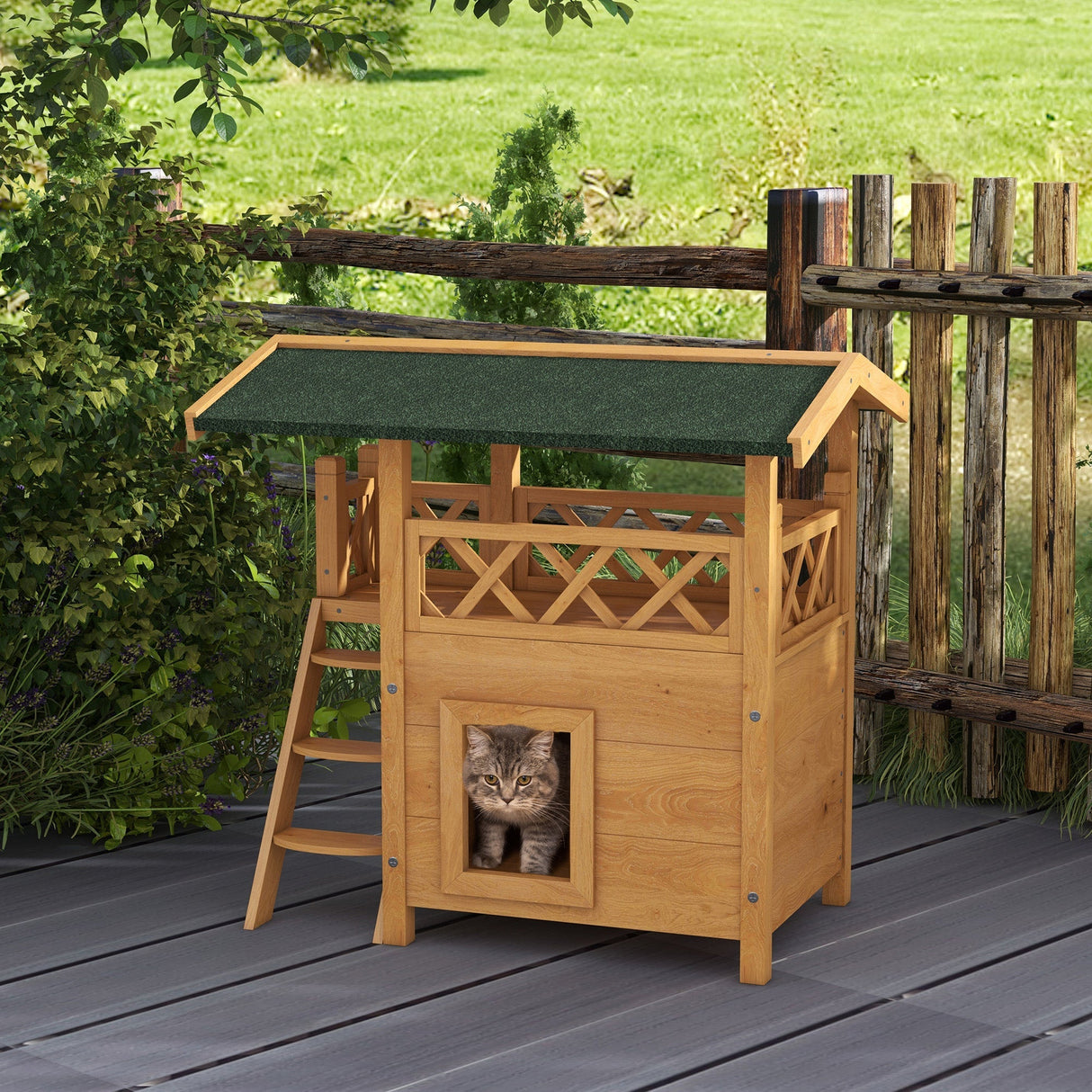 Outdoor Cat House with Balcony & Asphalt Roof | Cats up to 4 kg, PawHut, Natural