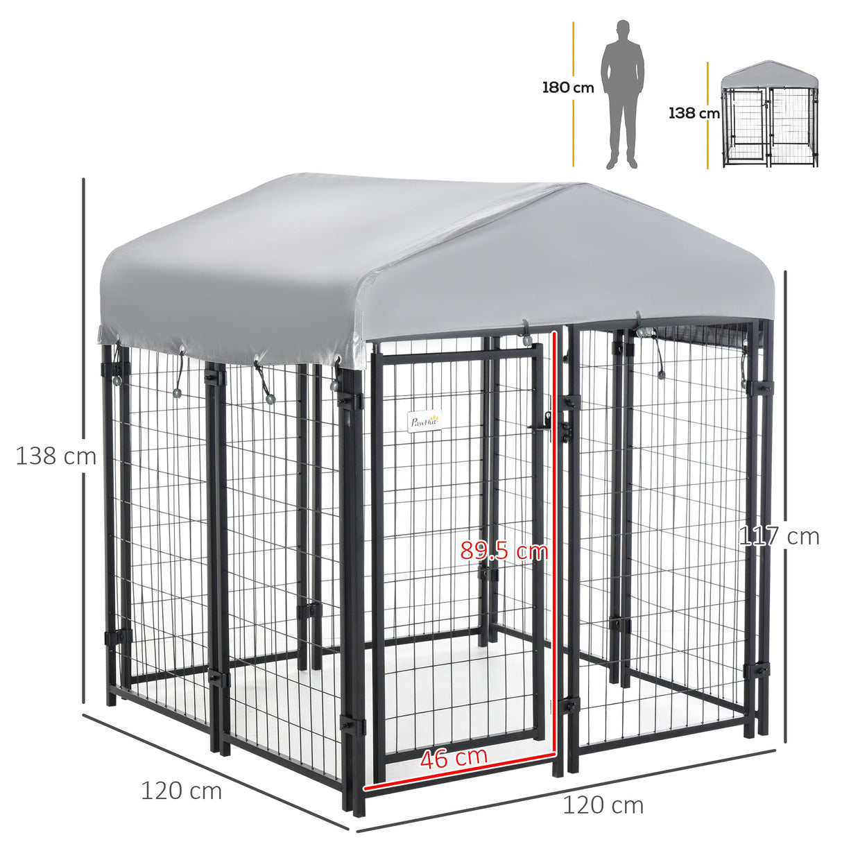 Outdoor Metal Dog Kennel Run, with UV-Resistant Canopy | Two Sizes, PawHut, 138H x 120L x 120W cm