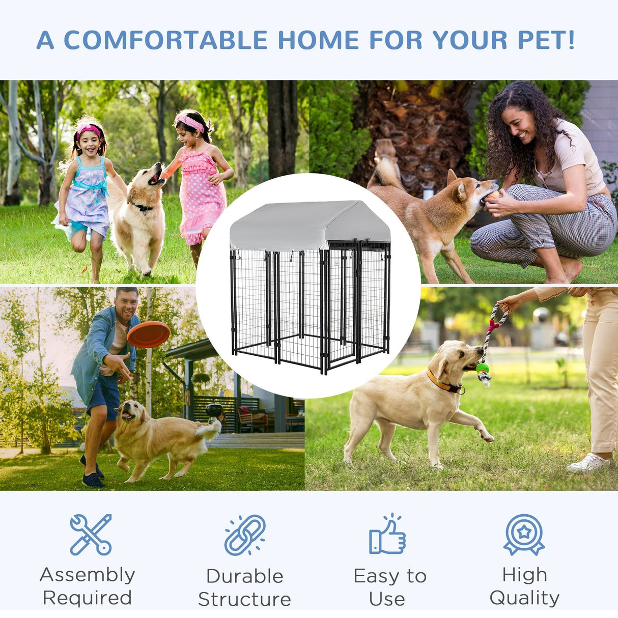 Outdoor Metal Dog Kennel Run, with UV-Resistant Canopy | Two Sizes, PawHut, 138H x 120L x 120W cm
