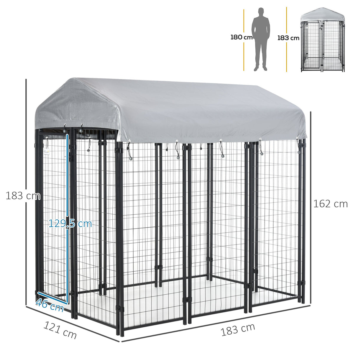 Outdoor Metal Dog Kennel Run, with UV-Resistant Canopy | Two Sizes, PawHut, 183H x 183L x 121W cm