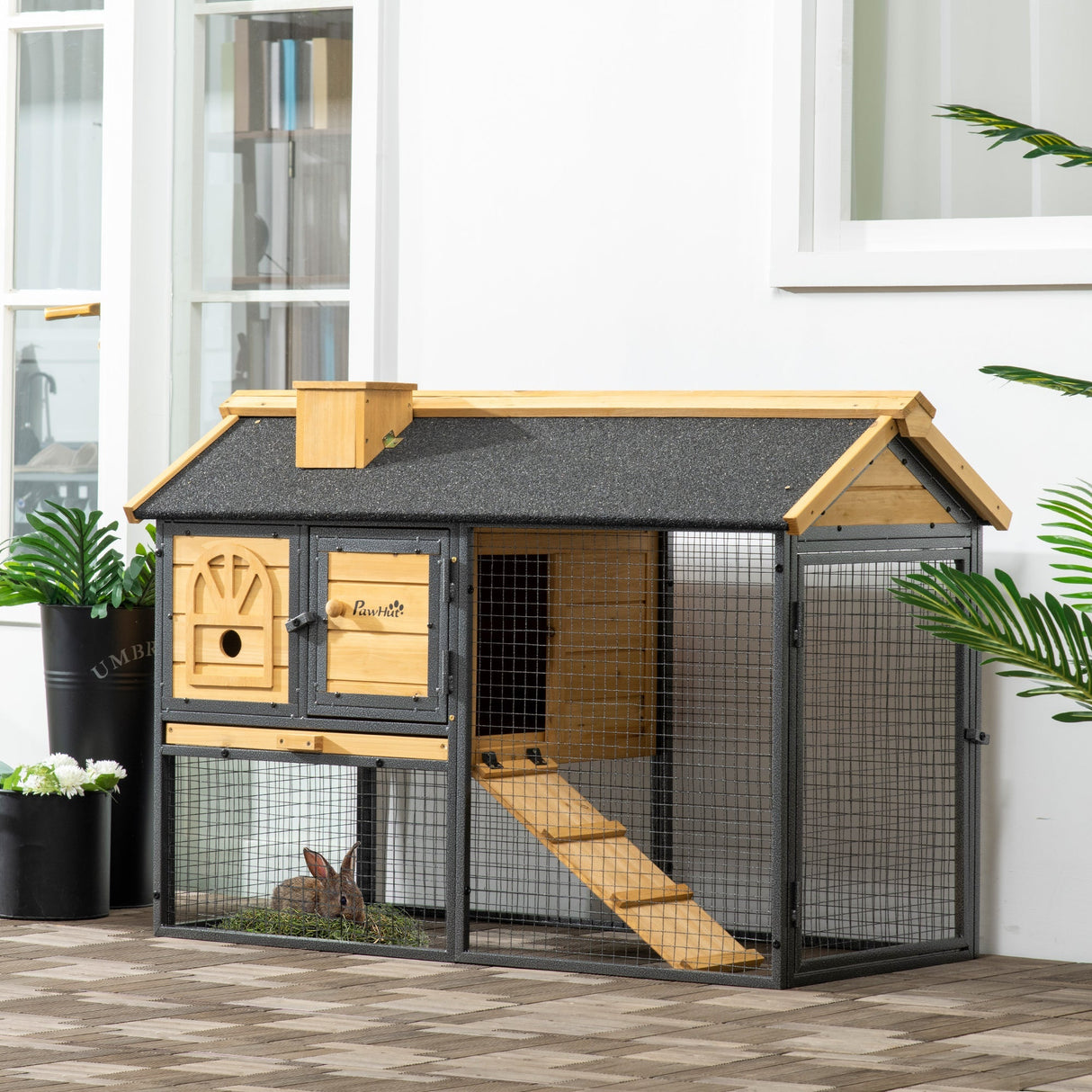Outdoor Rabbit Hutch, with Run, Removable Tray, Asphalt Roof, 120 x 55.5 x 80cm, PawHut,