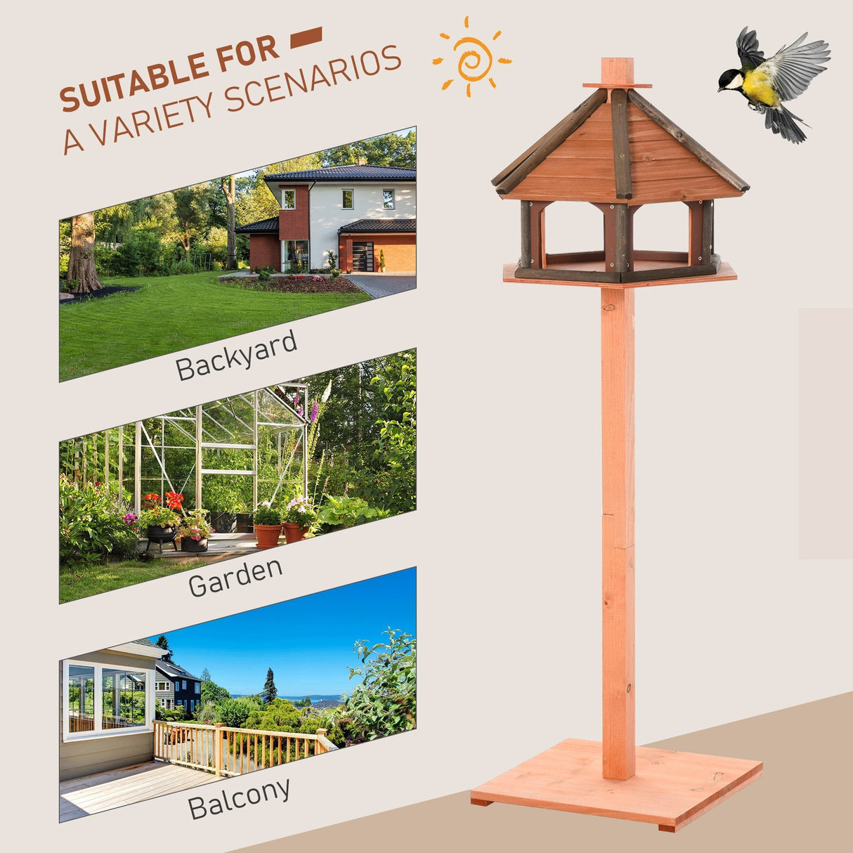 Outdoor Wooden Wild Bird Feeder Stand with Protective Roof - 130cm, PawHut,