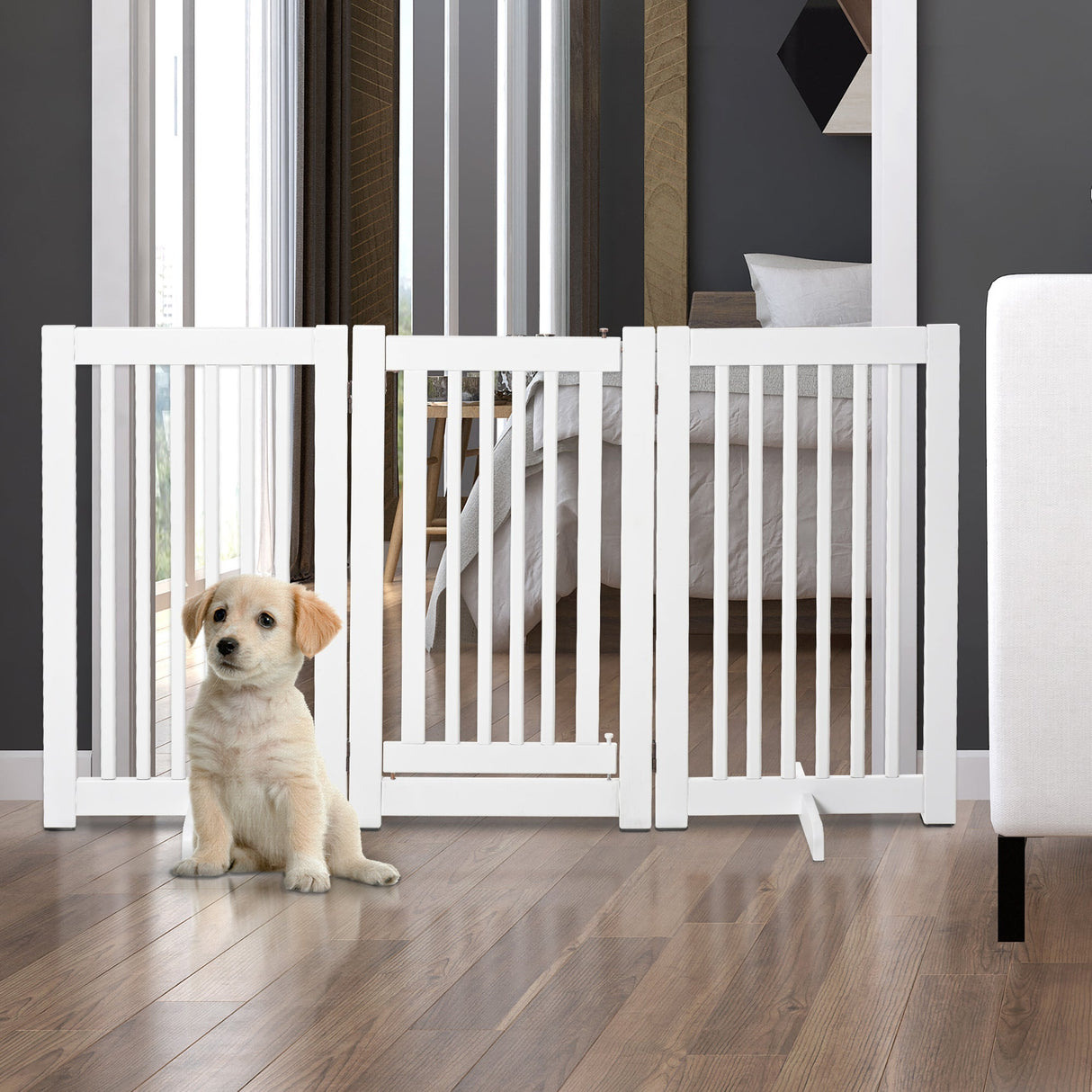 PawHutPet Gates MDF Freestanding Expandable Dog Gate Wood Doorway Pet Barrier Fence w/ Latched Door White, PawHut,