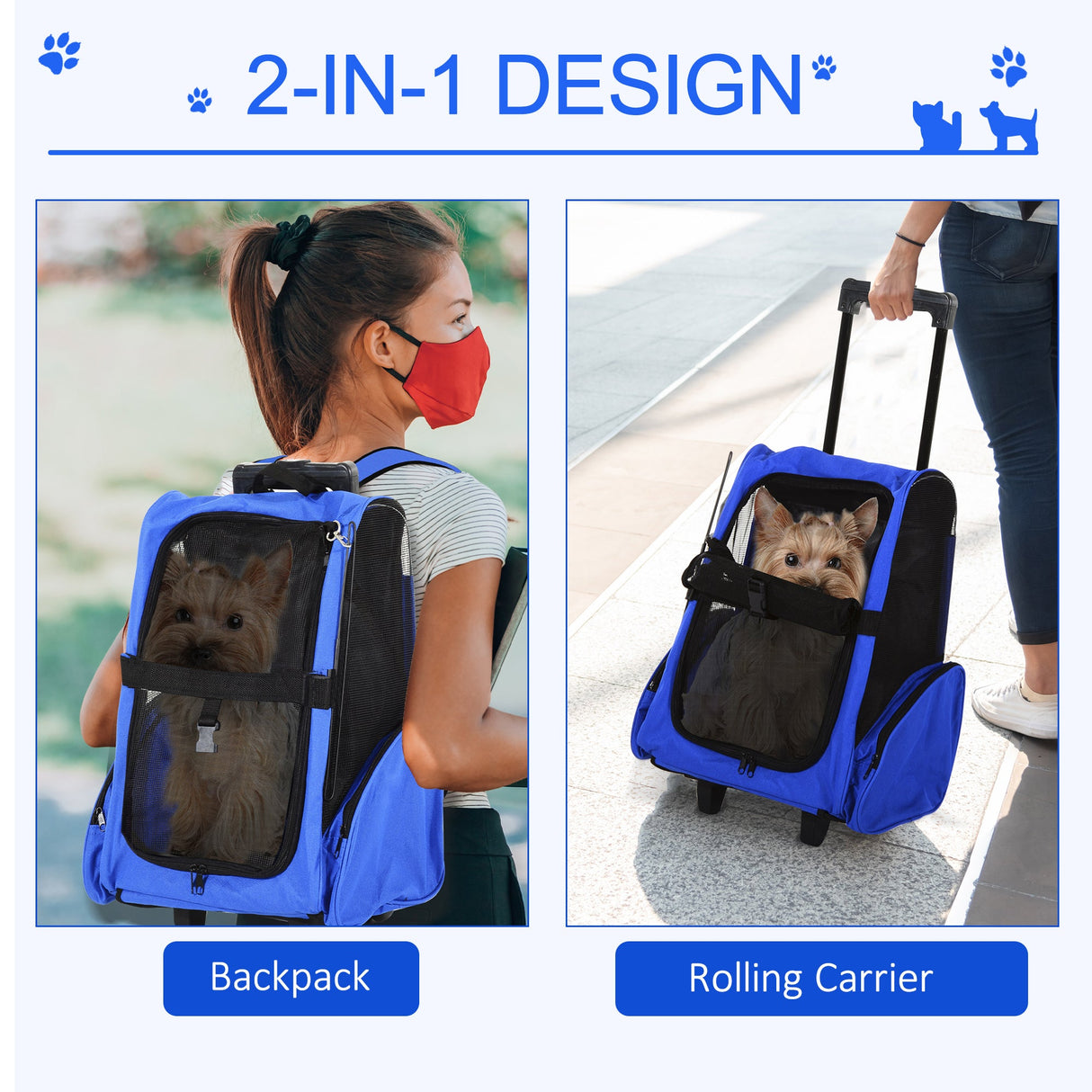 Pet Carrier Travel Backpack For Cats or Dogs with Trolley and Telescopic Handle, PawHut, Blue