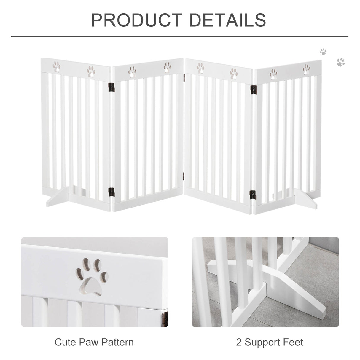 Pet Gate 4 Panel Wooden Foldable Fence Freestanding Dog Safety Barrier with 2 Support Feet for Doorways Stairs 80'' x 30'', PawHut,