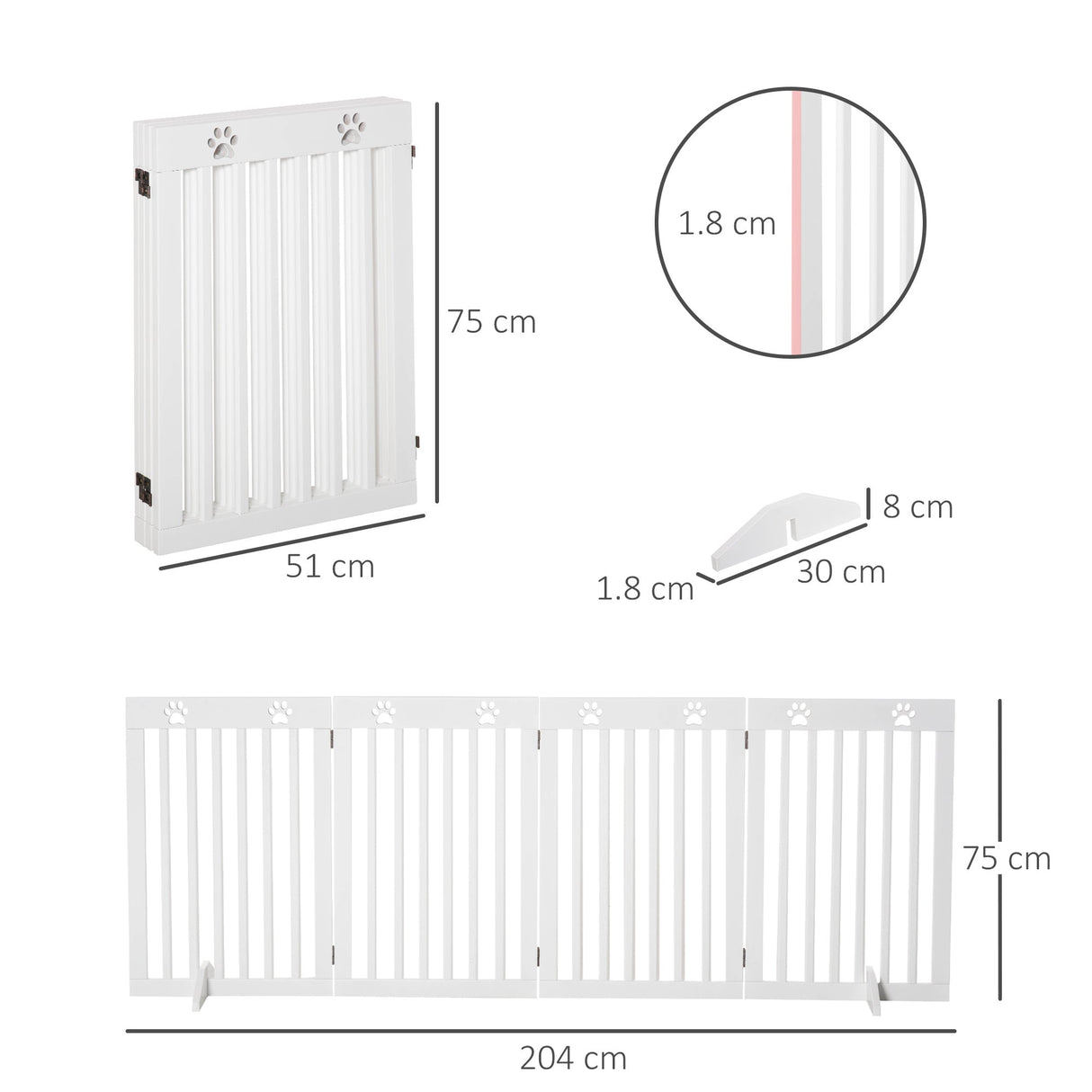 Pet Gate 4 Panel Wooden Foldable Fence Freestanding Dog Safety Barrier with 2 Support Feet for Doorways Stairs 80'' x 30'', PawHut,