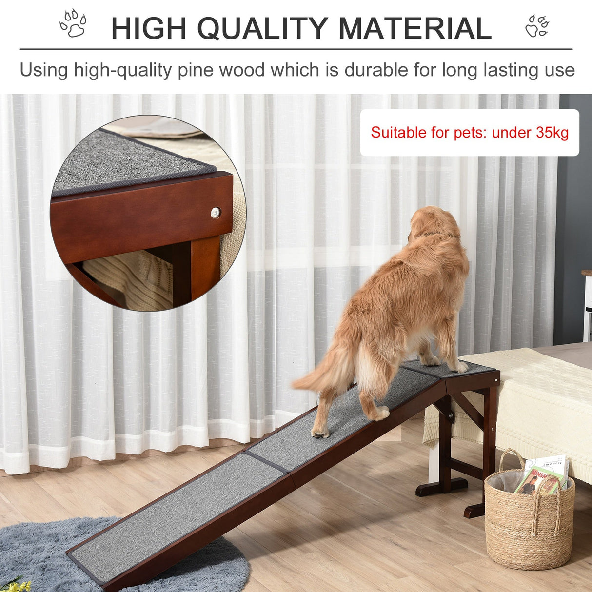 Pet Ramp for Dogs Non-slip Carpet Top Platform Pine Wood 188 x 40.5 x 63.5, ,, PawHut,