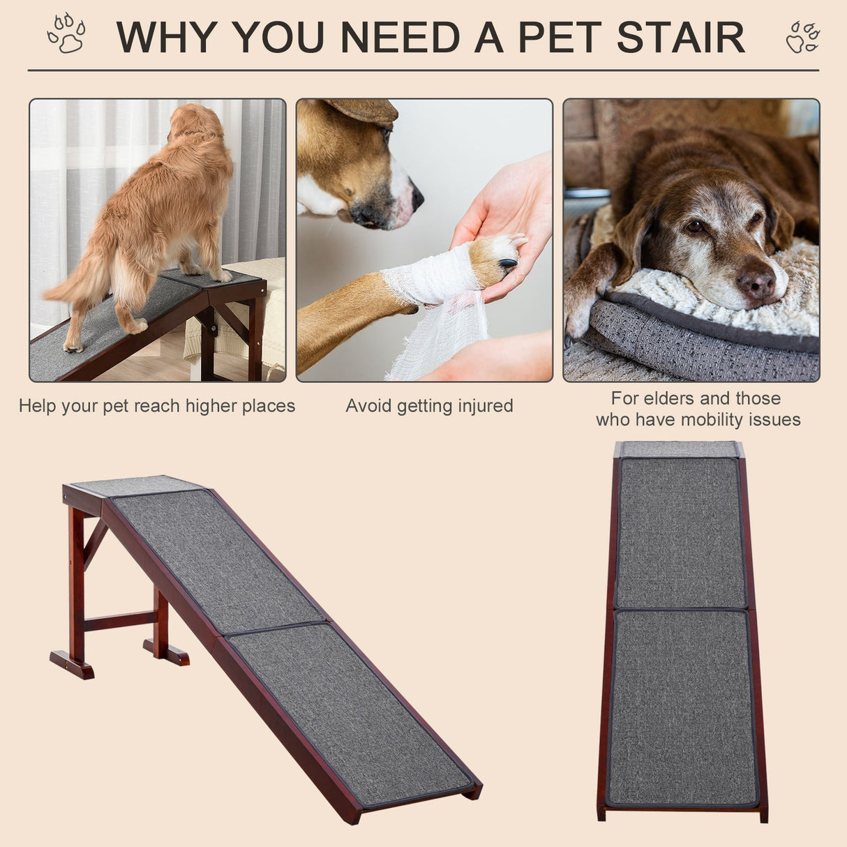 Pet Ramp for Dogs Non-slip Carpet Top Platform Pine Wood 188 x 40.5 x 63.5, ,, PawHut,