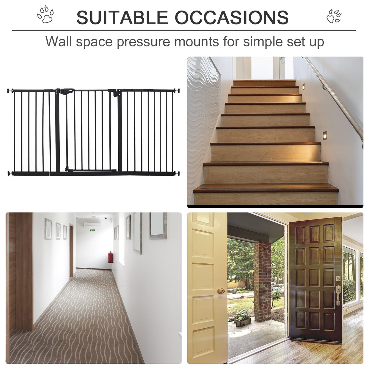 Pet Safety Gate Dog Barrier for Doorways, Corridors, Staircases with Three Extensions and Adjustable Screws, PawHut, Black