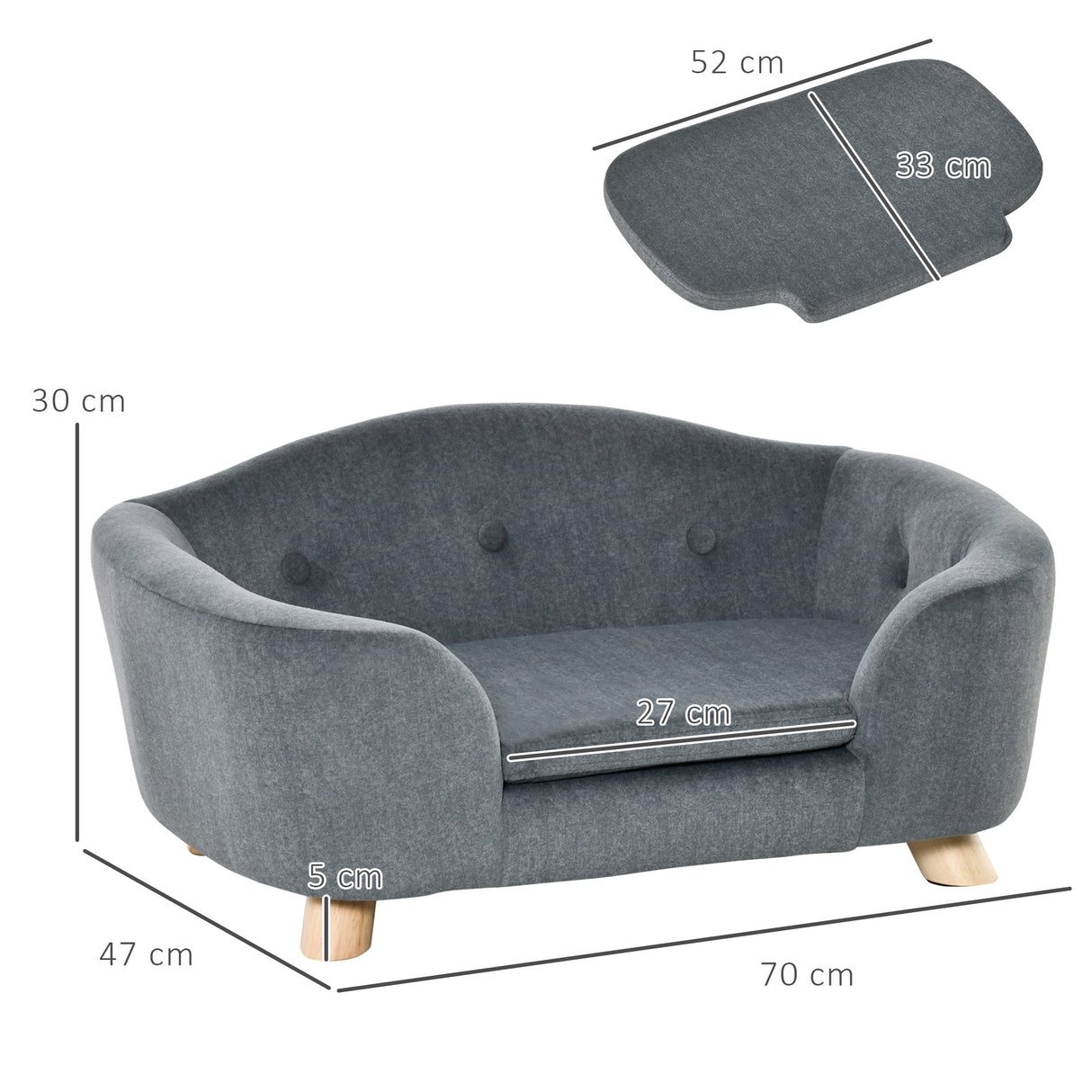 Pet Sofa Bed, Puppy Kitten Lounger, with Wooden Frame, Short Plush Cover, Washable Cushion, for Small Dog, 70 x 47 x 30 cm,, PawHut,