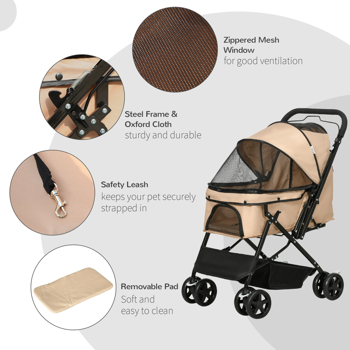 Pet Stroller for Dogs/Cats: Reversible Handle & Folding Design, PawHut, Beige