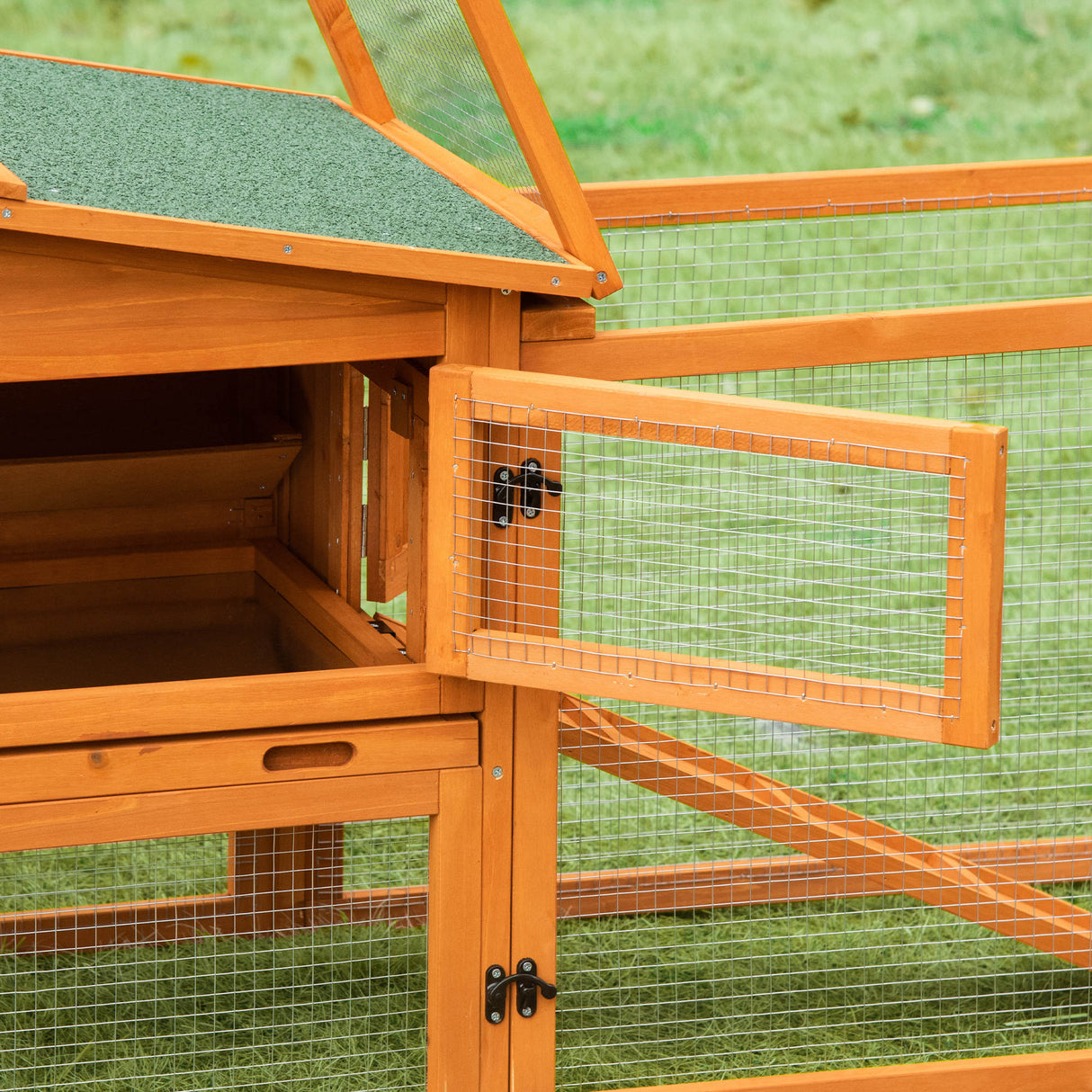 Rabbit Hutch and Run Outdoor Bunny Cage Wooden Guinea Pig Hide House with Sliding Tray, Hay Rack, Ramp, 156 x 58 x 68cm, PawHut,