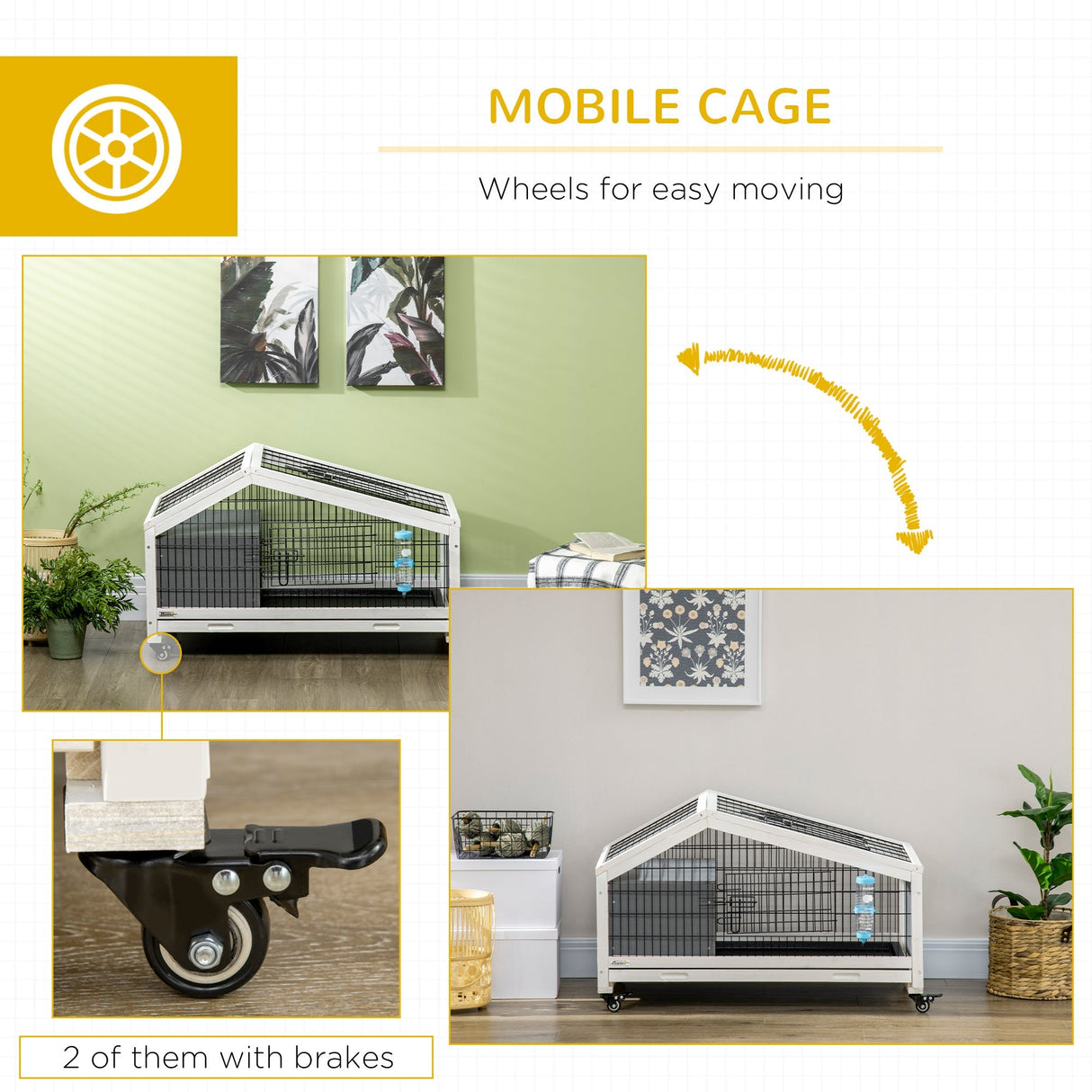 Rabbit Hutch with Water Bottle, Guinea Pig Cage with Wheels, Bunny Run with Plastic Slide-out Tray, Small Animal House for Indoor, Dark Grey, PawHut,