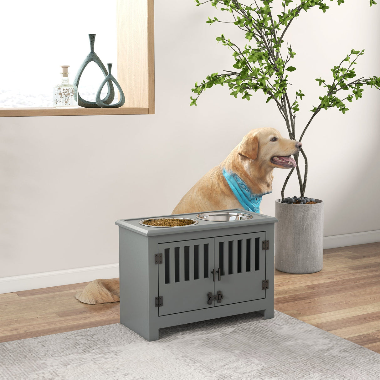 Raised Large Dog Feeding Station with Storage - Sleek & Functional, PawHut,