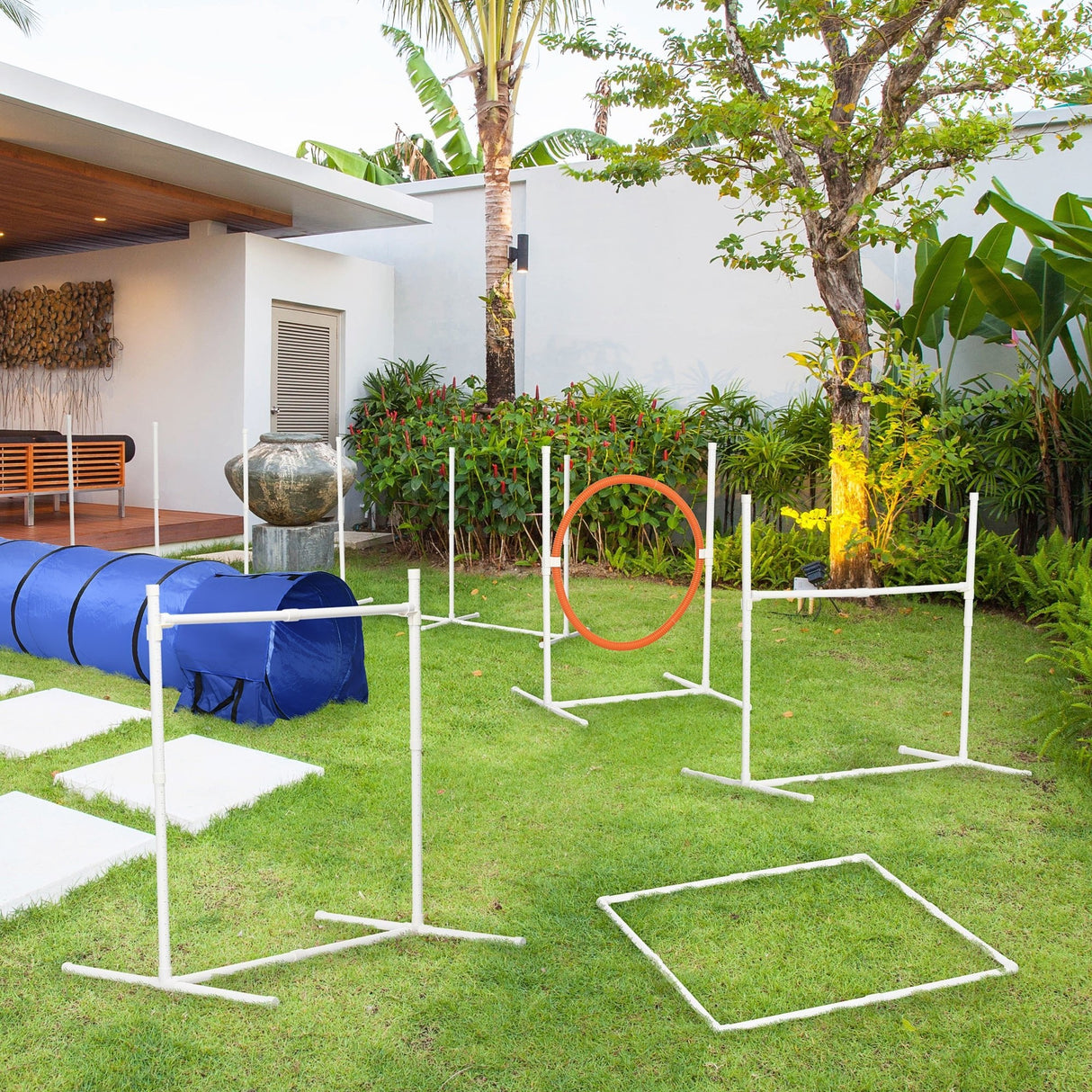 Six-Piece Dog Agility Set with 3m Long Tunnel, Whistle, Pause Box, Jumps, Weave Poles, PawHut,