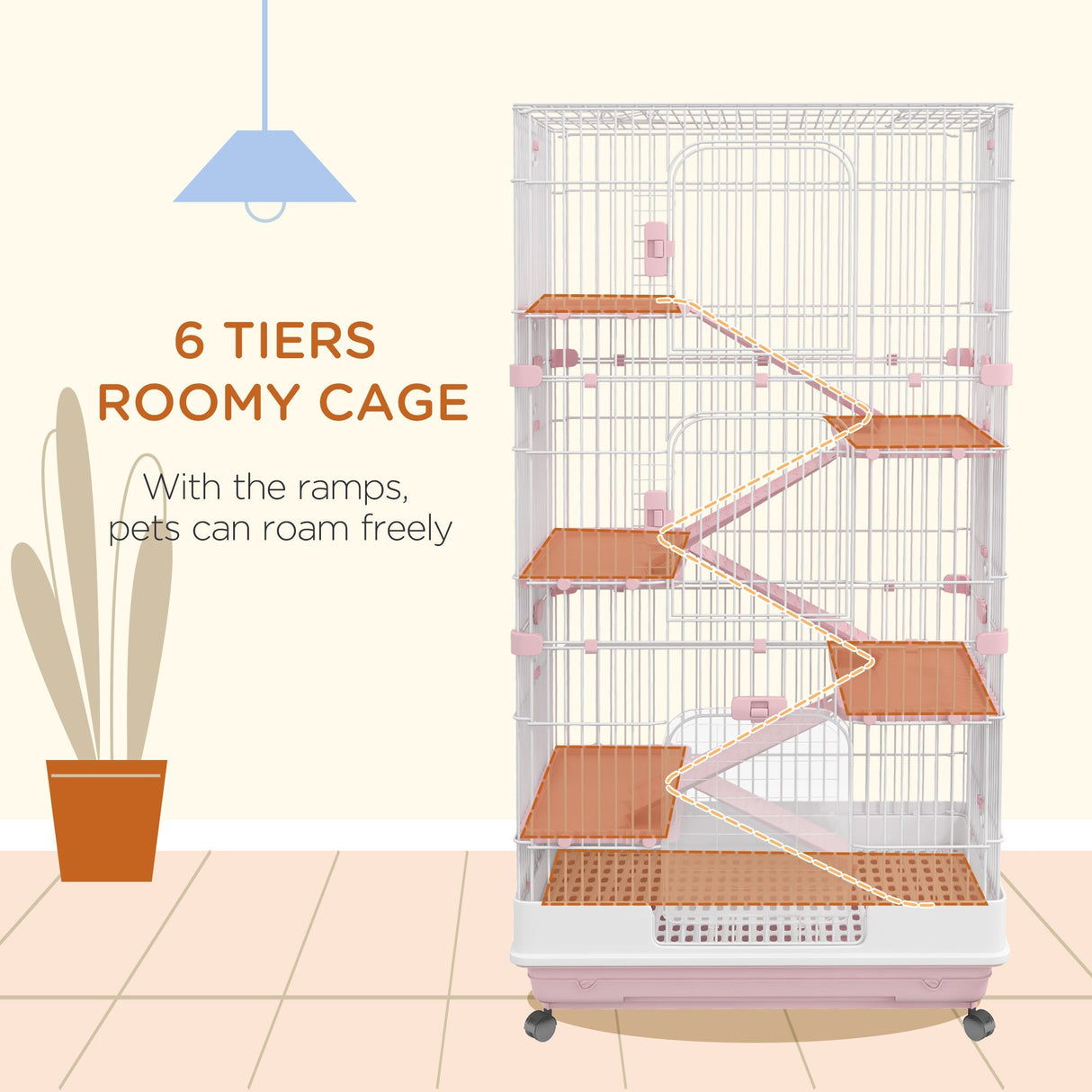 Six-Tier Cage for Small Animals with Wheels - Pink, PawHut,