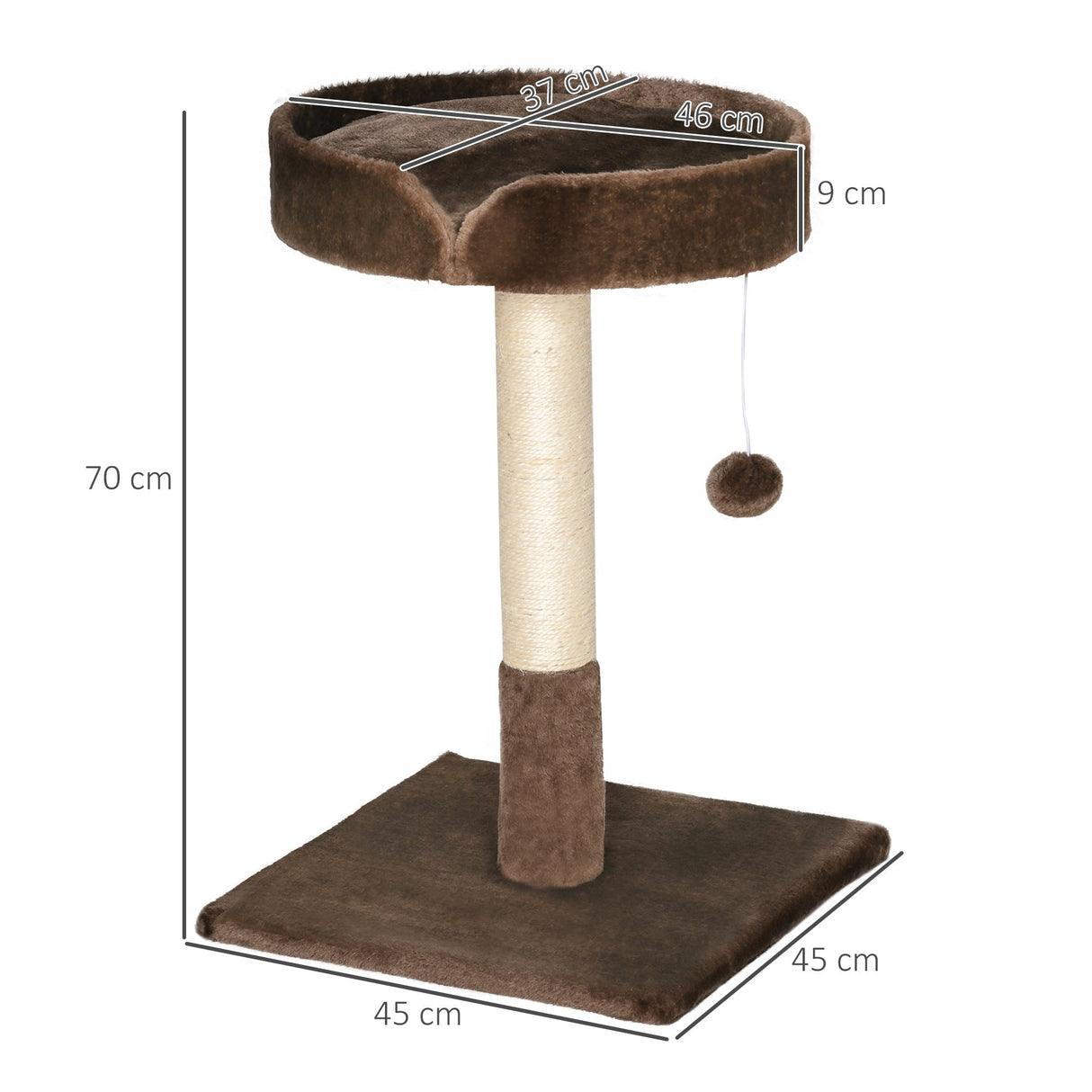 Small Cat Tree for Indoor Cats with Sisal Scratching Post Kitten Bed Cushion Ball Toy, Brown, 45x45x70 cm, PawHut,