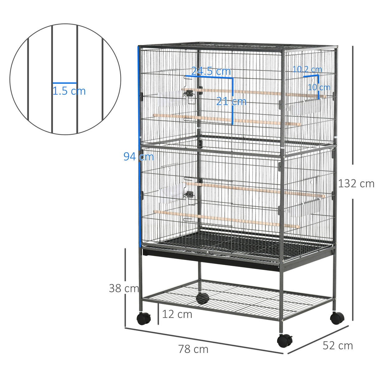 Spacious Rolling Bird Cage for Budgies, Finches and Canaries, PawHut, Dark Grey
