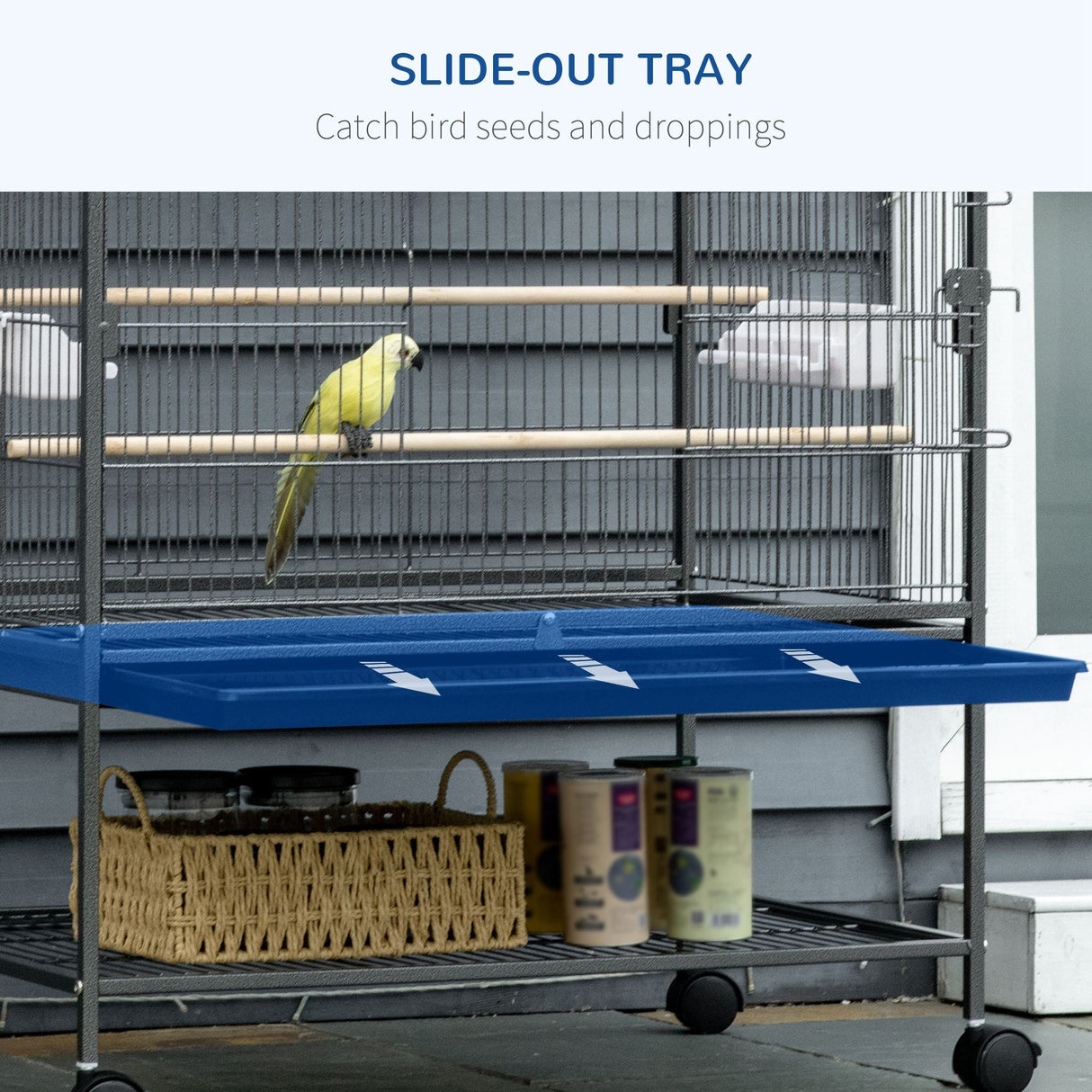 Spacious Rolling Bird Cage for Budgies, Finches and Canaries, PawHut, Dark Grey